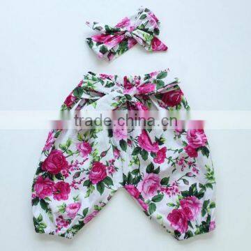 Fashion Kids Cotton Flower Printed Baby Girl Summer Pants With Headband