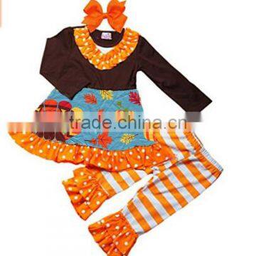 Yawoo unique design children girls long sleeve 2pcs clothing set for thanksgiving day turkey pumpkin print kids boutique outfits