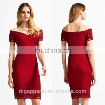 fashion women off the shoulder laser cut red bodycon midi dress