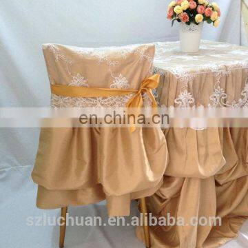 Champagne Satin and Lace Banquet Gathered Table Skirts photo-6