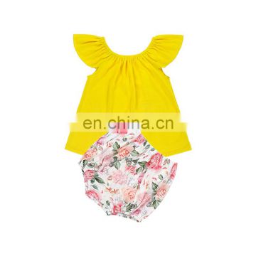 2019 Girls 2 Piece Suits Yellow Flare Sleeve T-Shirt With Floral Printed Bummies Baby Kids Clothing Set Cool Summer