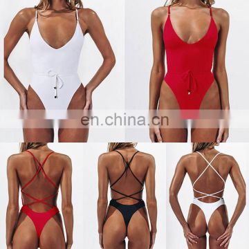 brazilian Thong One Piece Swimsuit 2019 Sexy Cross Halter Swimwear Women Solid Bathing Suits Beach Wear Swim Backless Bikinis