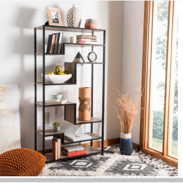 61.8 in. Light Brown/Black Metal 5-shelf Etagere Bookcase with Open Back