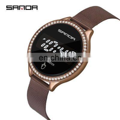 Sanda 8006 Stylish LED Screen Touch Watch Stainless Steel Mesh Luminous Functional Sport Ladies Digital Wristwatch