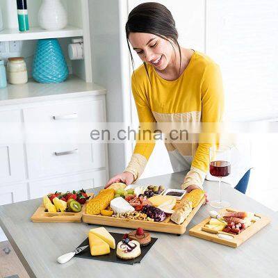 Bamboo Wood Charcuterie Magnetic 3 Slide-Out Drawers Cheese Board Set With Ceramic Bowls And Cutlery Knife