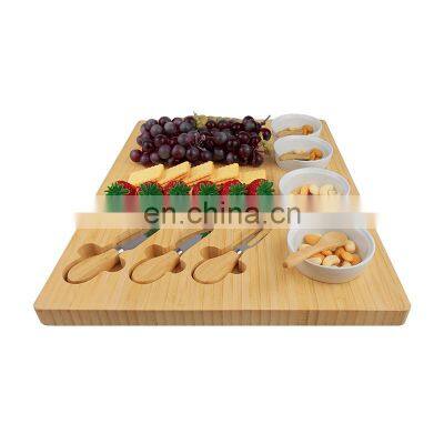 Large Wood Cheese Platter Gift Charcuterie Board Set Unique Bamboo Cheese Board With Cutlery Set and Ceramic Bowls photo-4