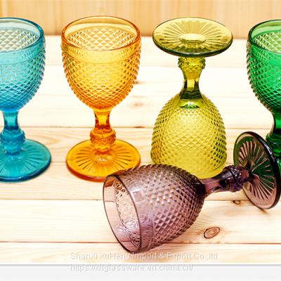 Wine Glass Colored Glass Goblet Vintage Pineapple Pattern Embossed Glass Goblets