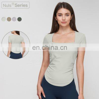 2 In 1 Piece Square Collar Woman U Hem Causal Tshirts Factory Supply Side Folding Sports Tops