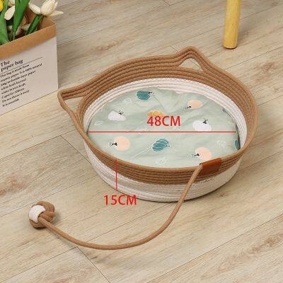 Round Cat Sleeping Nest Cotton Rope Cat Bed Basket With Play Ball Pet Sleeping Bed House photo-3