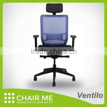 Ventilo office chair, blue mesh chair, adjustable headrest, black bracket, adjustable seat, armrest, lumbar, nylon base