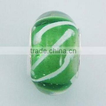 Lime Green White Stripes Transparent Murano Glass Bead