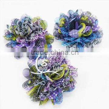 3 Peacock Floral PRiNT Chiffon Lotus Flowers- Aqua/Purple- Chiffon Flowers- Headband Flowers- DIY Supplies- Fabric Flowers