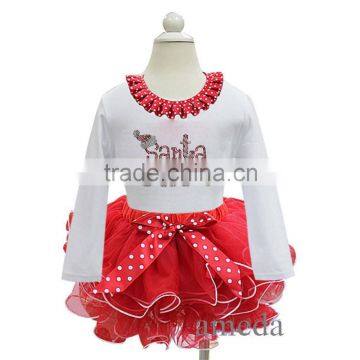 Christmas Red White Petal Pettiskirt with Rhinestone Santa BABY White Long Sleeves Tee