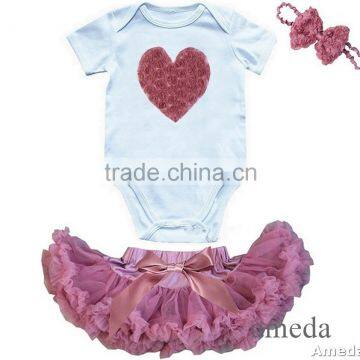 Newborn Dusty Pink Pettiskirt Rosettes Heart White Short Sleeves Onesie and Headband