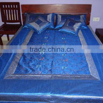 Blue Silk Indian Bedcover Silk Brocade Bedspread