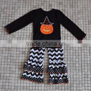 Newest design pumpkin halloween chevron ruffle pant boutique outfits