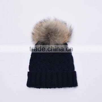 Daily Life Winter Fur Hat Wool Knitted Beanie Hat With Fur Pompoms on Top KZ160075 NAVY photo-2