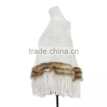 Rabbit Fur Poncho White Color Poncho Raccoon Fur Stripes Knitted Poncho KZ14051 photo-2