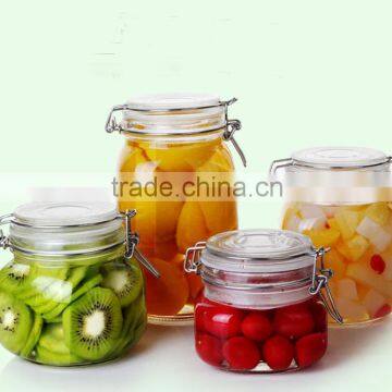 Recycled airtight Round shape glass jar with metal clip top lid for kitchen and food