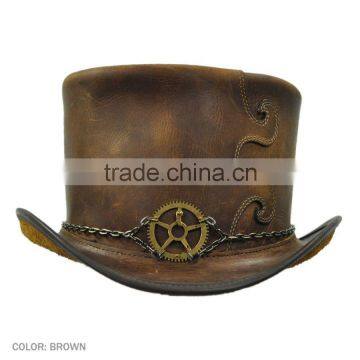 2 TONES PULL-UP CRAZY HORSE COWHIDE LEATHER "STEAMPUNK" TOP HAT photo-2