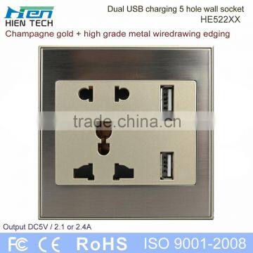 Metal brushed frame universal type wall socket 5V usb socket for hotel using