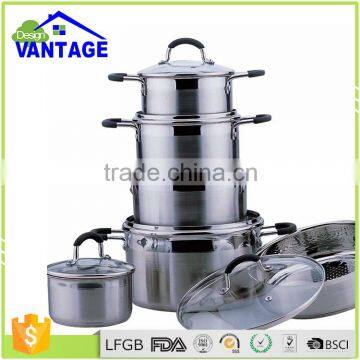 Top fashion 12pcs stainless steel non-stick jumbo cookware set frypan and casserole