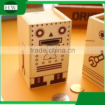 Multipurpose Wooden Cartoon Robot Piggy Bank Coin Penholder Storage Pen Container Case Box Holder photo-5