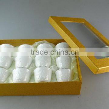 White ceramic tea cup with flower embossing and golden line for wholesale 12 pcs per set,with color box.good quality