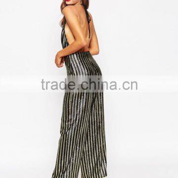 2015 Fashionable Hot Sale OEM Customized Allover Sequin Stripe Halter Jumpsuit photo-2