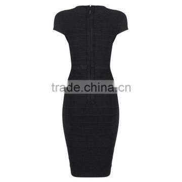 Europe New Sexy V-Neck Midriff Cutout Cap Sleeve Knee Length All Black Feminine Sheath Bandage Dress Plus Size H935 photo-4
