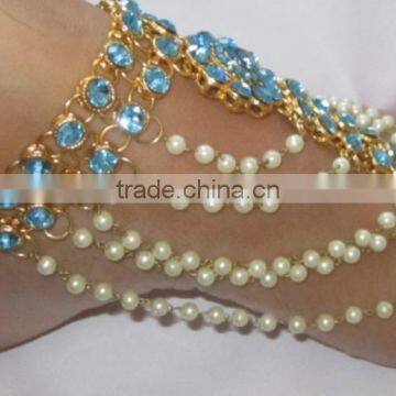 GOLD tone TURQUOISE BLUE STONE pearl PAYAL Anklets toe ring barefoot sandal