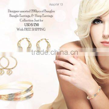 Combo Jewelry for USD $ 250 With Free Shipping consists of Three Tone Plated Bangle, Bangle Earrings, Hoops, Rings, etc.