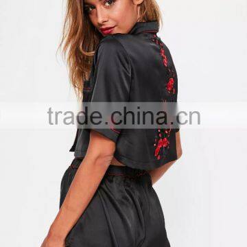 Black Satin Pyjamas Set Button Fastening Fit Crop Shirt With Piping Back Floral Applique And Elasticated Shorts photo-2