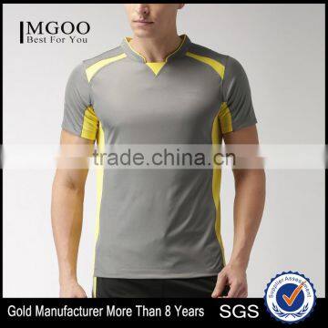 Men Grey Solid Mandarin Collar T-Shirt Custom Grey Yellow Solid Waist Length Sport Tees 100% Polyester Keeps Fresh Material
