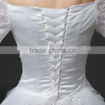 MGOO Elegant Old Castle Long Tail Wedding Dress Lao White Embroidery Off Shoulder 3/4 Long Sleeves Dress photo-5