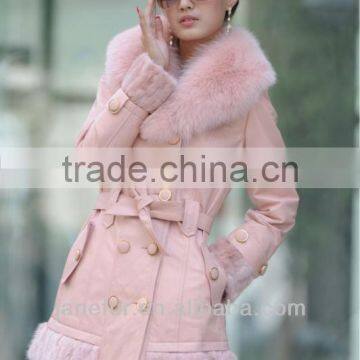 Pink leather jacket with fox fur collar ,belt,button ,fashion