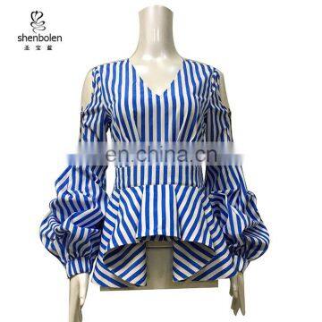 CH344 Wholesale Designer Women Shirts Blue Striped Cold Shoulder Bishop Sleeve Shirt Pattern Blouse