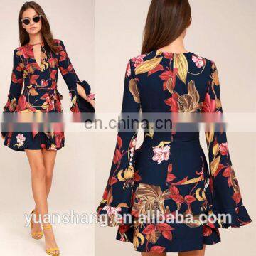 2017 floral print long sleeve summer women wrap dress