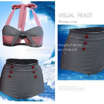 High Waist Plaid Two Piece Swimwear Halter Plus Size Sexy Bikini for Women photo-2