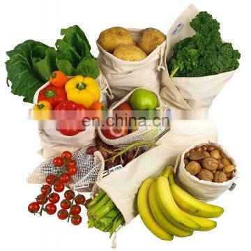 Natural cotton fruit vegetable bags for grocery shopping and storage organisation