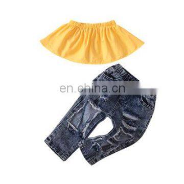 A0250# Baby Girl Clothes Summer 2020 Kids Girls Clothing Sets T-shirt+ Holes Jeans Two Piece Casual Children Outfits