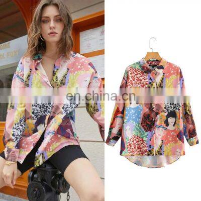 Clothing Wholesale Custom Fashion Trend Women's Casual Loose Color Oil Painting Beauty Printing Long-sleeved Shirt photo-2
