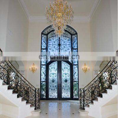 luxury anti rust front door high transom design tempered glass wrought iron double door