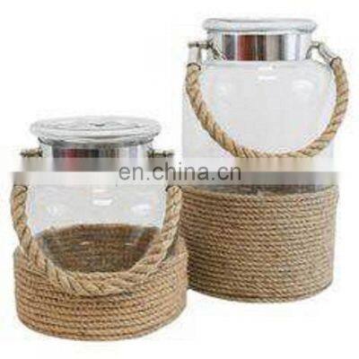 clear glass wedding lantern with rope handle hanging
