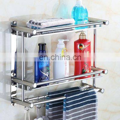 Hot Two Tier Wall Mounted Bathroom Rack Bathroom Shelf Stainless Steel Towel Rack Hanging Rack Shampoo Storage Organizer w Hook photo-2