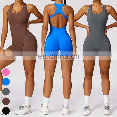 Sexy Hollow Out Back Sleeveless Bodysuit Short Sports Jumpsuit One Piece Gym Fitness Jumpsuits Seamless Yoga Jumpsuit For Women