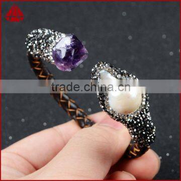Wholesale Amazing double stone leather wrapped bangles, Fashion amethyst and pearl bangle