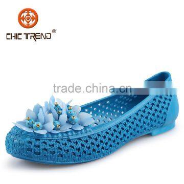 2015 Newly Lady causal shoes Plastic Clear pvc upper material flats women ballerina shoes waterproof sandal with Jewelry flower