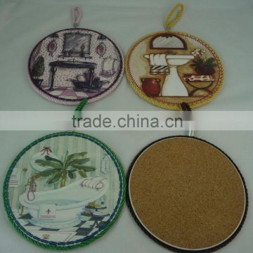 Ceramic trivet with rope and cork back cartoon design