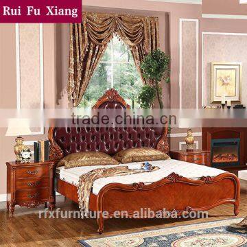 Wood frame structure and leather finish double bed with carving for bedroom furniture sets B-268